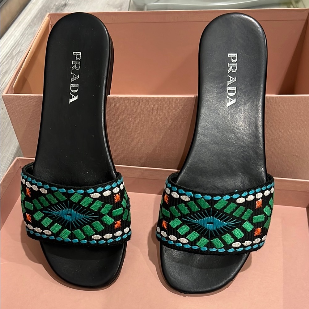 Prada Black and Green Slide Sandals with Decorative Band